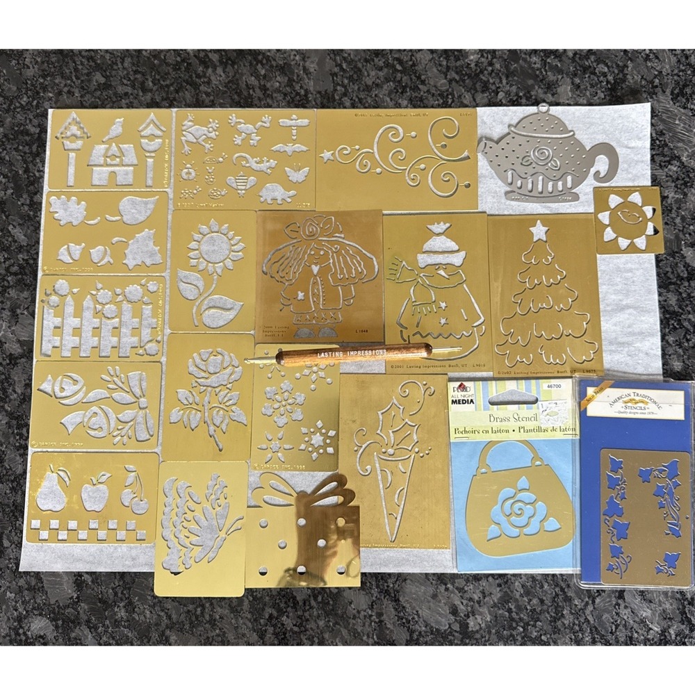 Lot of 38 Lasting Impressions,Lynell Harlow & Darice Brass Stencils With Stylus